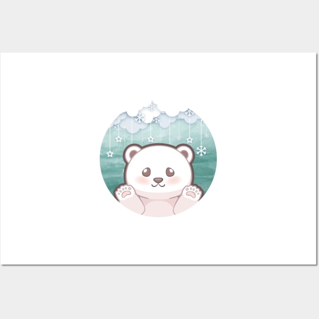 Cute cub polar bear say hi character design with snowflake background. Vector illustration Wall Art by tomodaging